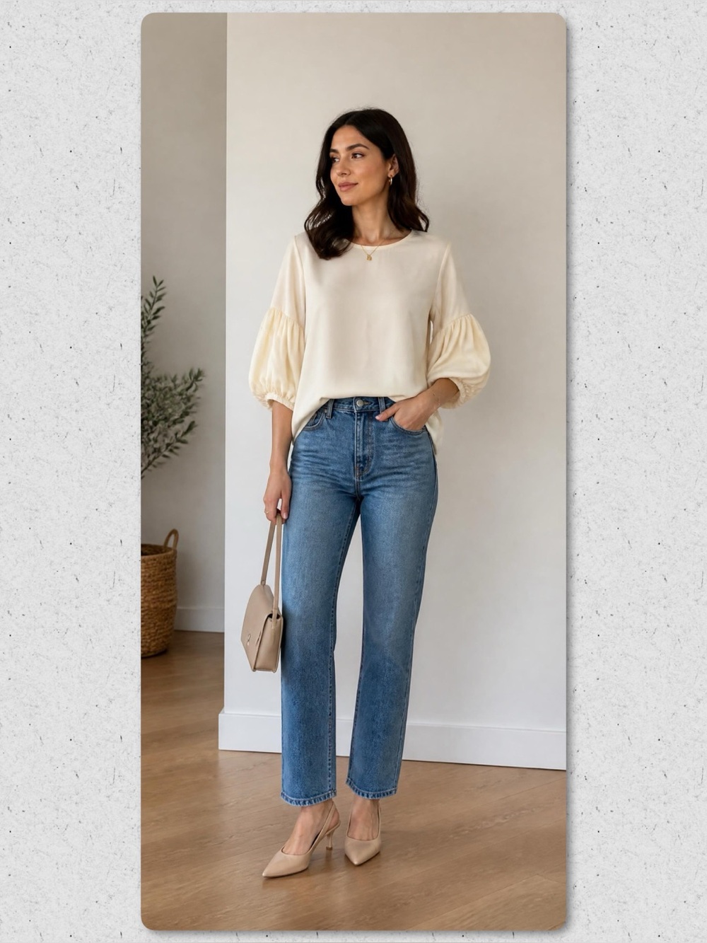 N Touch Cream Puff-Sleeve Blouse - Elegant Cream
